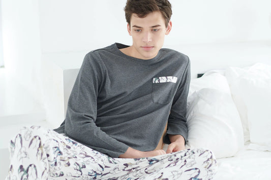 Nest Designs Men's Organic Cotton Long Sleeve Pocket Tee PJ Set - Penguin Love