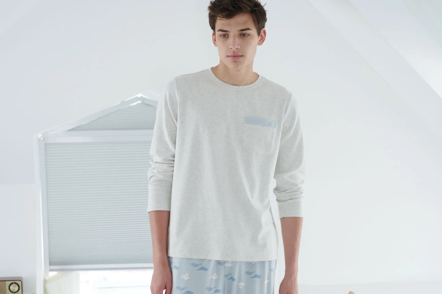 Nest Designs Men's Organic Cotton Long Sleeve Pocket Tee PJ Set - Beluga Boogie