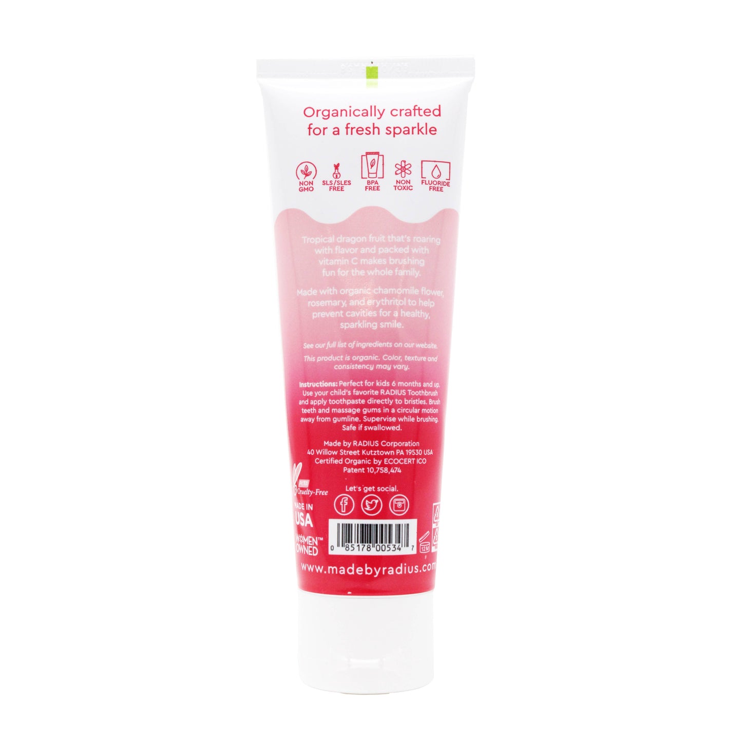美国RADIUS Usda Organic Children'S Dragon Fruit Toothpaste - 3 oz - 6mo+