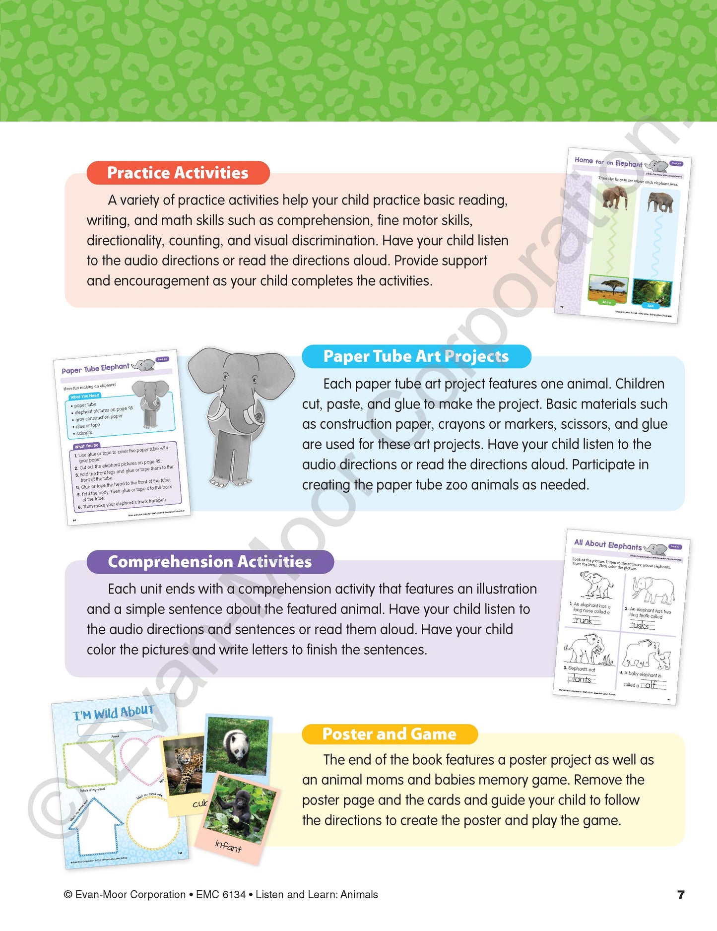 北美黄冈Evan-Moor Listen and Learn: Animals, Grade Prek Workbook