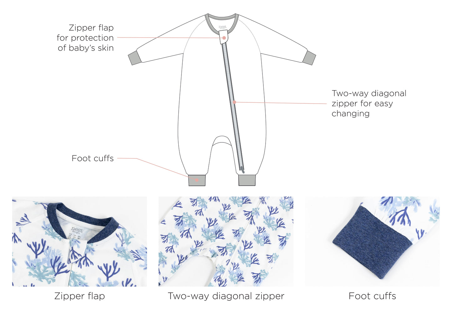 Nest Designs Bamboo Jersey One-Piece Zip Footless Sleeper - Blue Reef