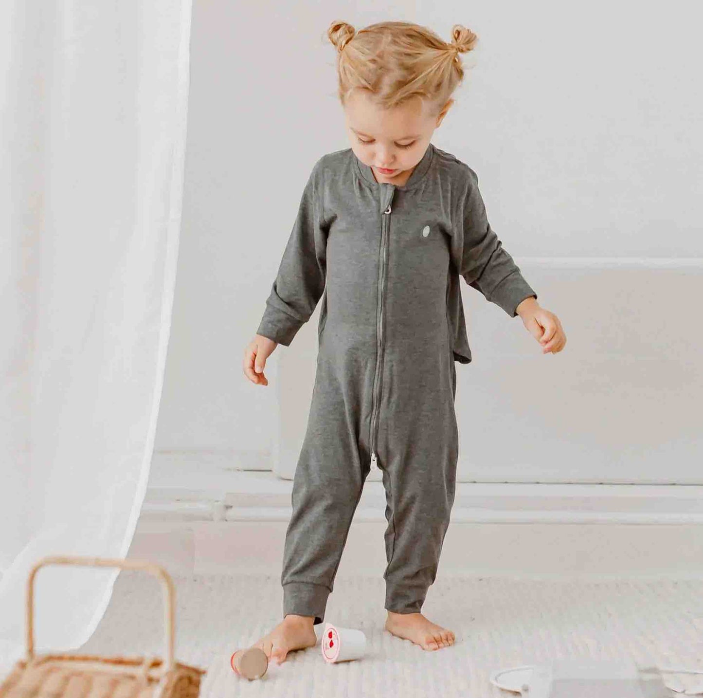 Nest Designs Basic-Bamboo Cotton Long Sleeve Drop Bottom Romper - Charcoal