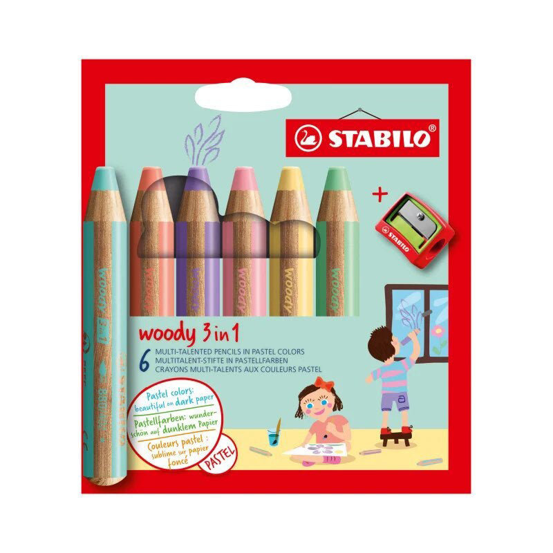 德国Stabilo 6 pencils Stabilo Woody 3 in 1 PASTEL + sharpener-可以画在玻璃上的胖蜡笔