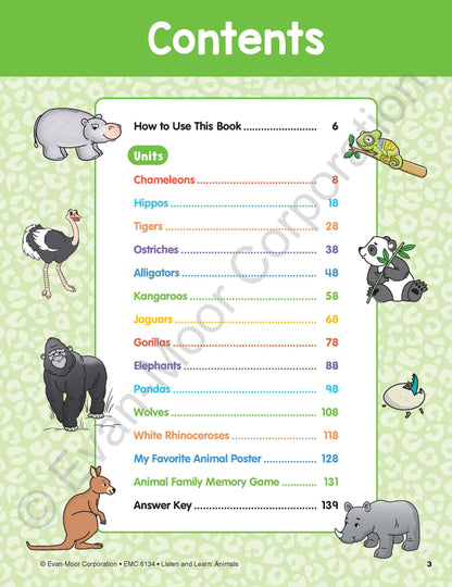 北美黄冈Evan-Moor Listen and Learn: Animals, Grade Prek Workbook