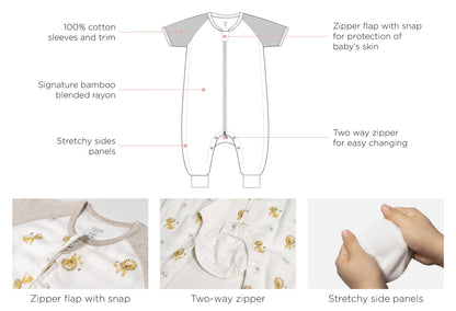 Nest Designs Raglan Bamboo Pima Short Sleeve Footed Sleep Bag 0.6 TOG -The Lion and The Mouse