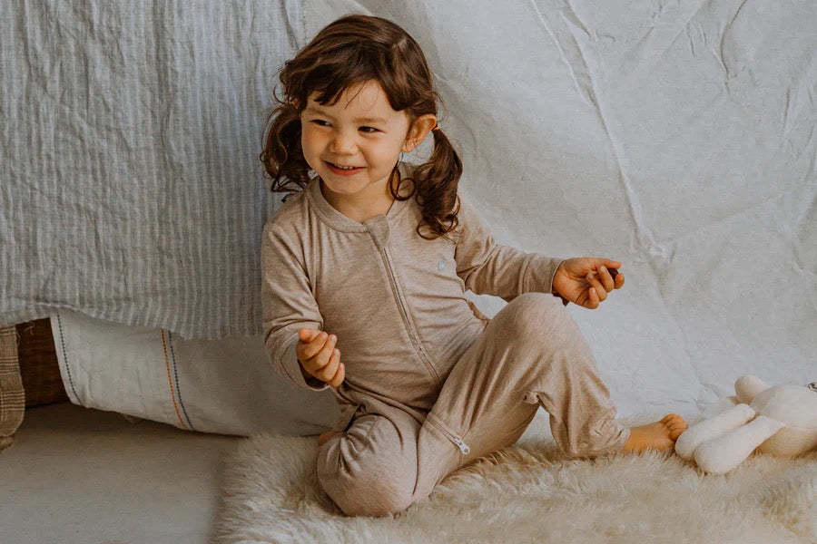 Nest Designs Basic-Bamboo Cotton Long Sleeve Drop Bottom Romper - Warm Taupe