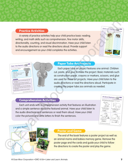 北美黄冈Evan-Moor Listen and Learn: Animals, Grade Prek Workbook
