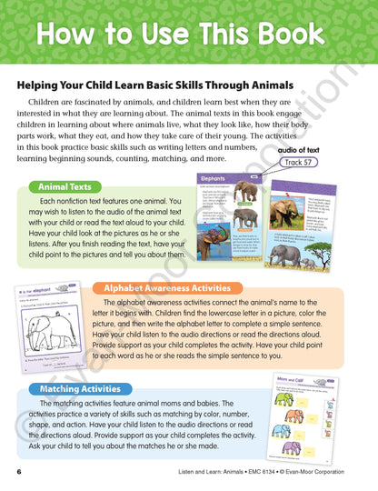 北美黄冈Evan-Moor Listen and Learn: Animals, Grade Prek Workbook