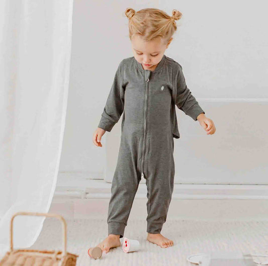 Nest Designs Basic-Bamboo Cotton Long Sleeve Drop Bottom Romper - Charcoal
