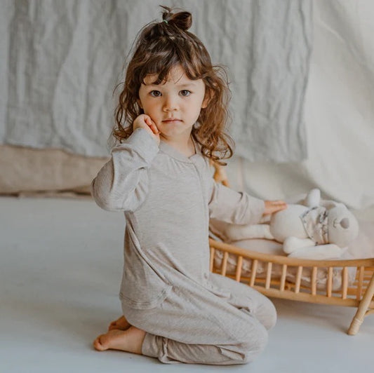 Nest Designs Basic-Bamboo Cotton Long Sleeve Drop Bottom Romper - Warm Taupe